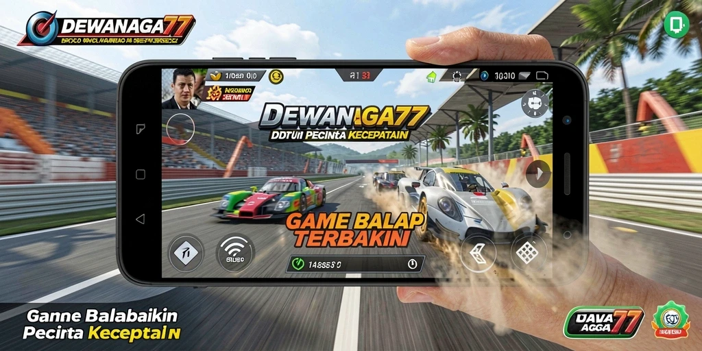 Screenshot gameplay DEWANAGA77 dengan mobil balap beraksi di trek.