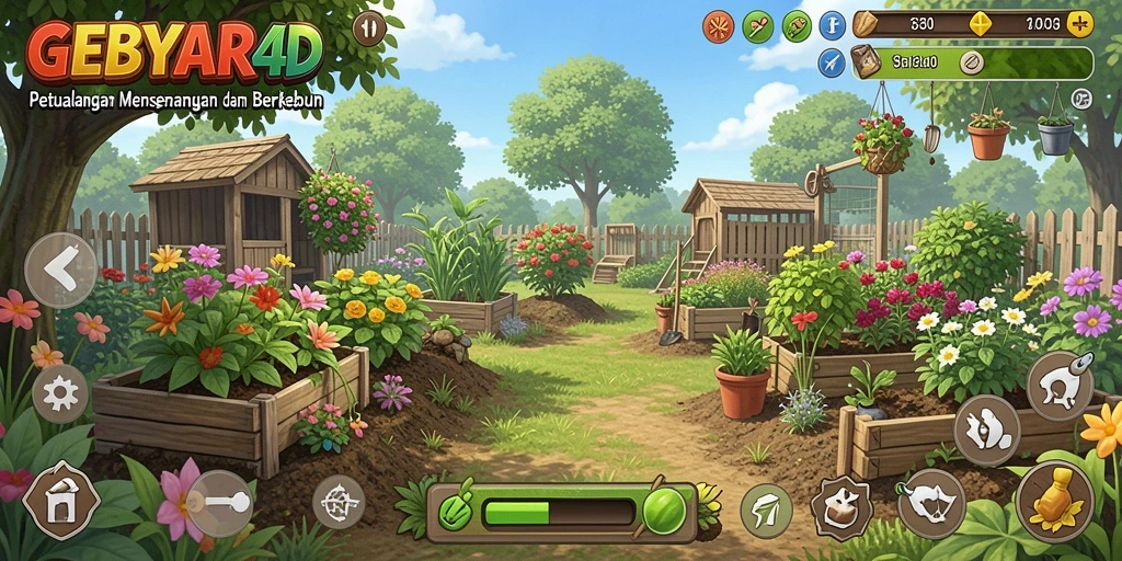 Screenshot gameplay GEBYAR4D menunjukkan lahan pertanian yang indah dan interaktif.