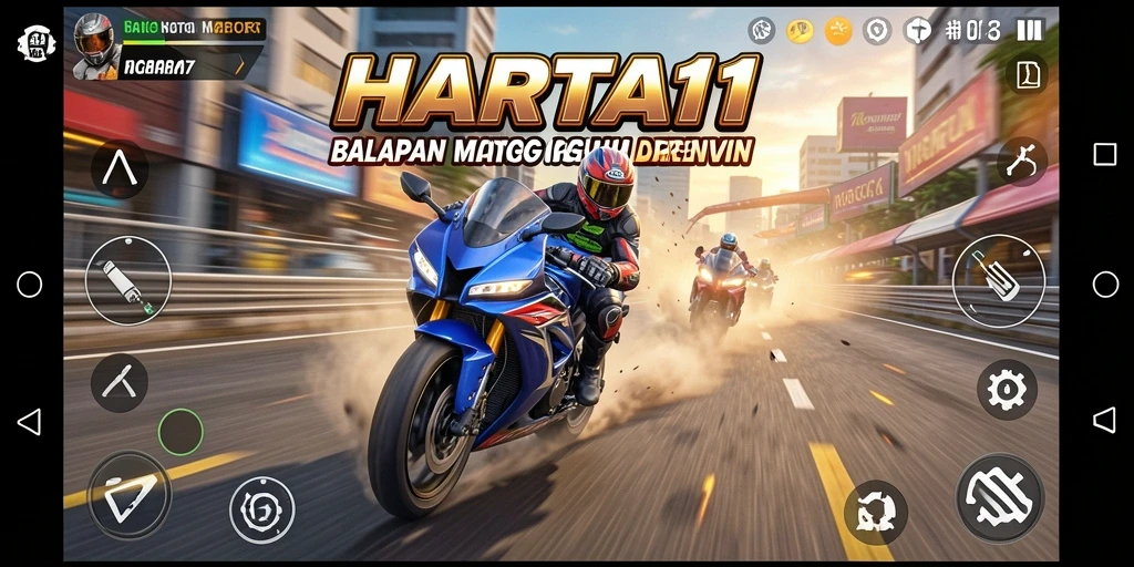 Screenshot HARTA11 menampilkan aksi balapan motor yang mendebarkan.