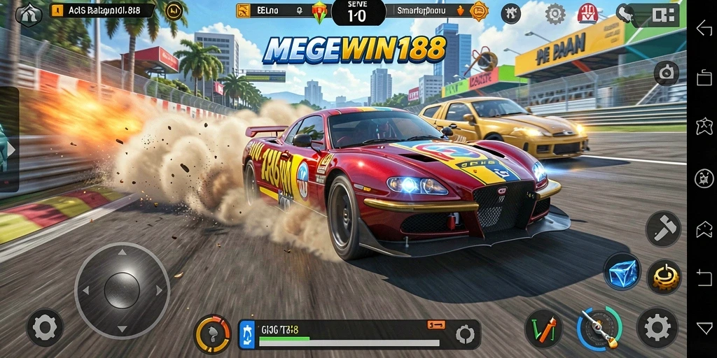 Gameplay balapan seru di MEGEWIN188 dengan mobil cepat dan trek menantang.