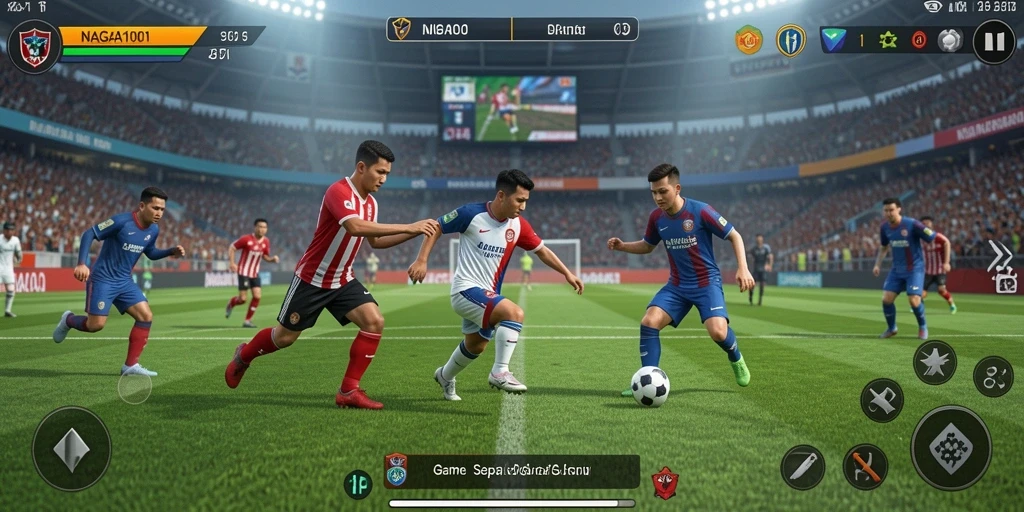 Tangkapan layar utama NAGA1001 menampilkan aksi seru di lapangan sepak bola.