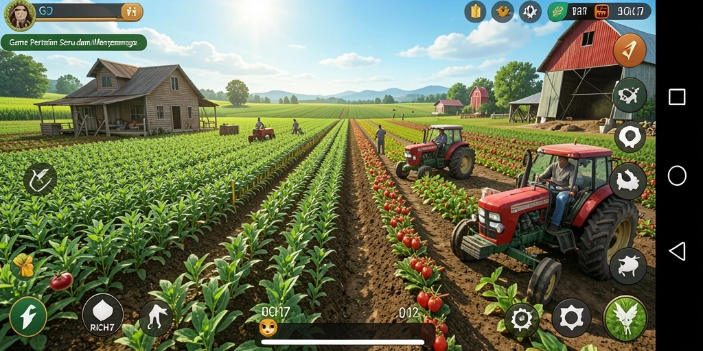 Tampilan gameplay RICH7 yang menampilkan aktivitas pertanian yang seru.