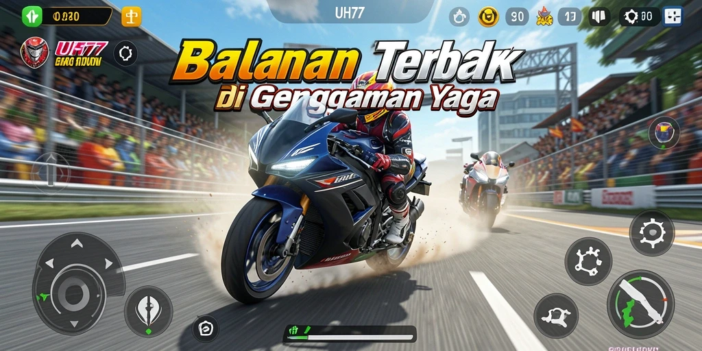 Tampilan gameplay UH77 dengan balapan motor yang mendebarkan.
