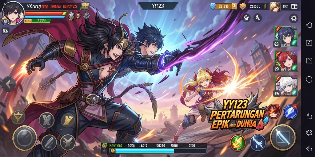 Screenshot utama YY123 menampilkan pertarungan karakter Anime yang seru.